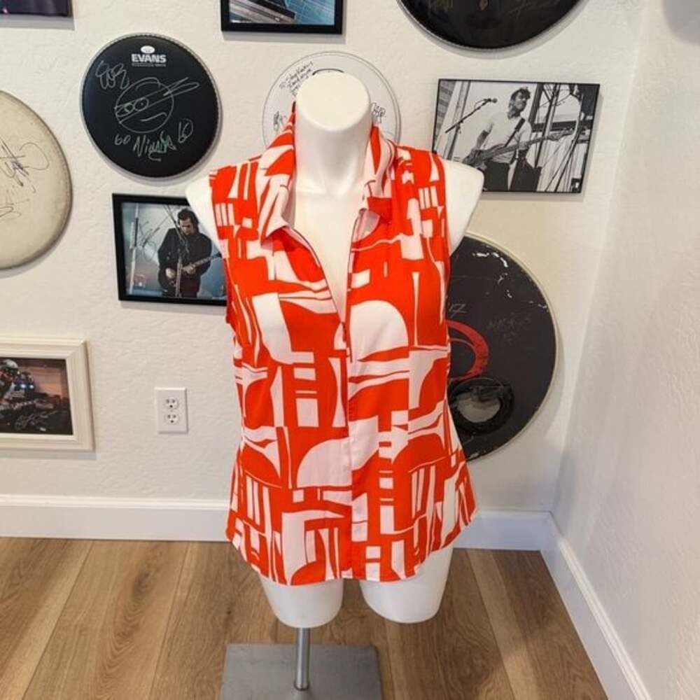 CAbi Kelly Top Orange & White Geometric Print Size Large